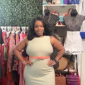 Sleeveless Sage Green Bodycon Dress with Coral Belt